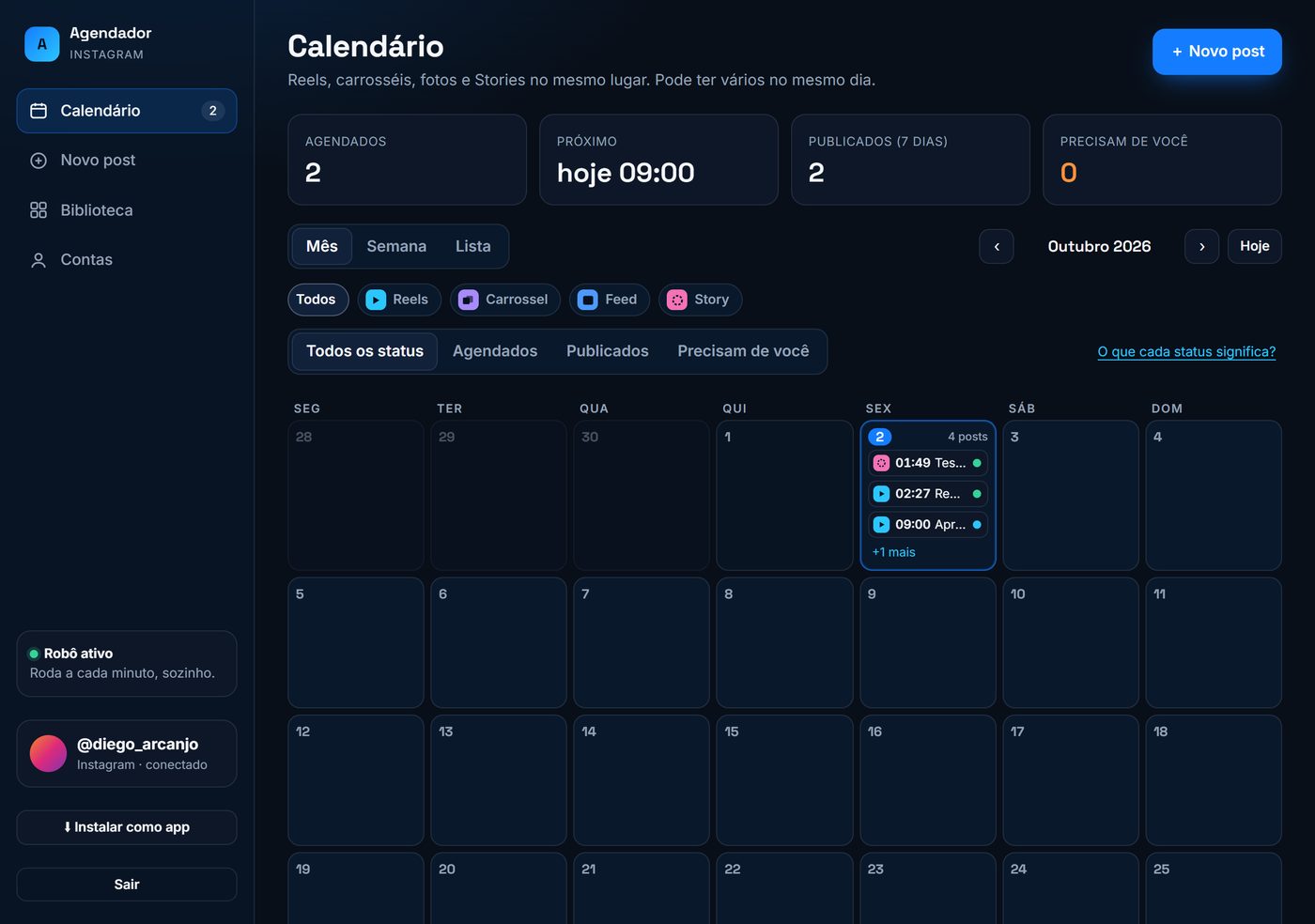 Calendário de postagens do nosso sistema